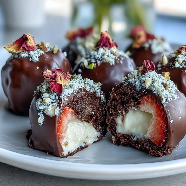Bite-sized strawberry truffles coated in rich dark chocolate, subtly spiced with rosewater and cardamom