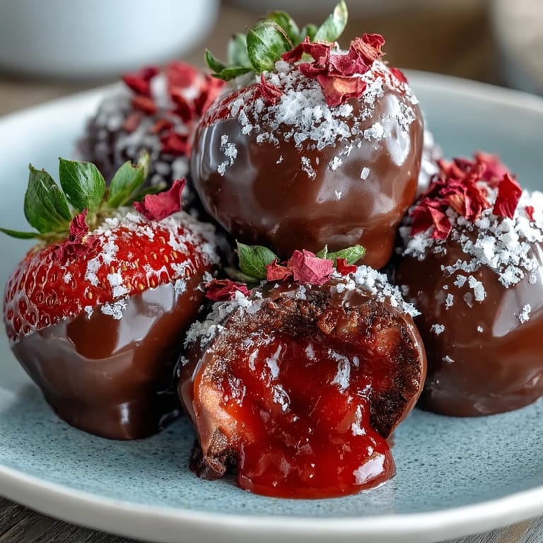 Luxurious strawberry and almond truffles with glossy dark chocolate shell, inspired by Dubai's opulent sweets