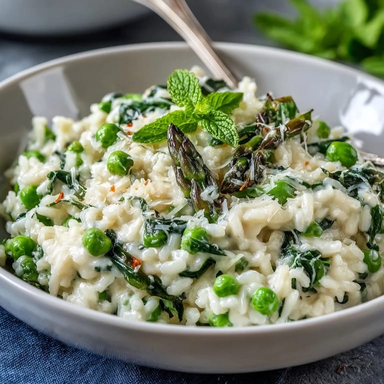 Bright, seasonal risotto with green peas and fragrant mint, finished with Parmesan for a luxurious texture and fresh flavor.
