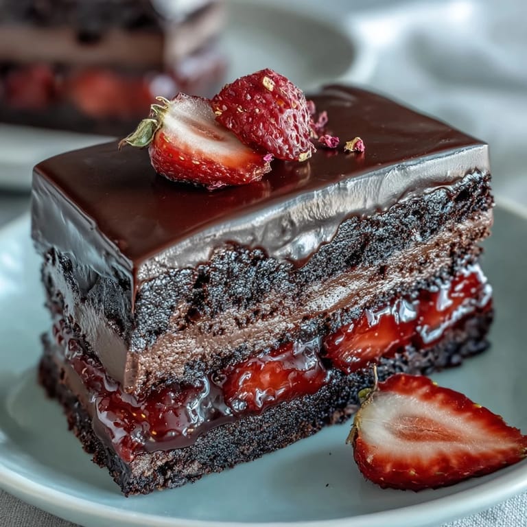 Luxurious no-bake chocolate bark featuring Dubai-style layers, swirled dark and white chocolate, topped with juicy strawberries and crunchy pistachios.