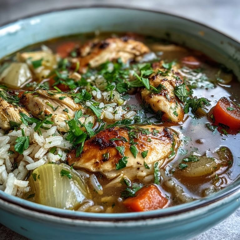 Wholesome chicken and rice soup with fresh vegetables, herbs, and fluffy rice simmered to perfection.
