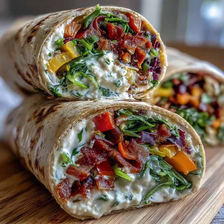 Nutritious rainbow wraps layered with crunchy peppers, cucumber, and purple cabbage, ideal for a vegetarian packed lunch.