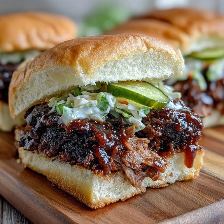 Tender smoked brisket piled high on slider buns, topped with creamy slaw and a drizzle of rich BBQ sauce.  