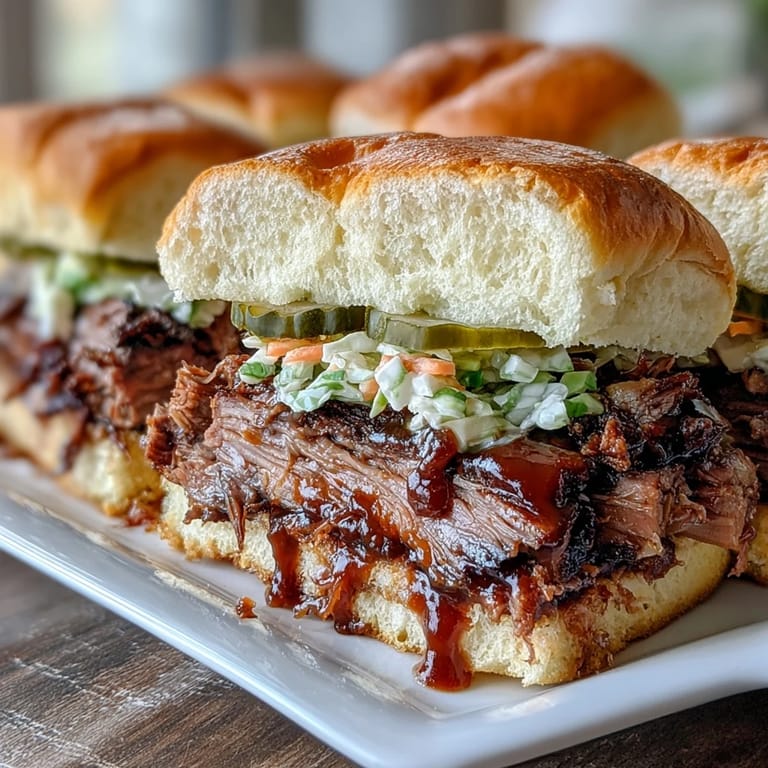 Savory beef brisket sliders layered with crisp cabbage slaw and smoky BBQ sauce, perfect for parties or gatherings.