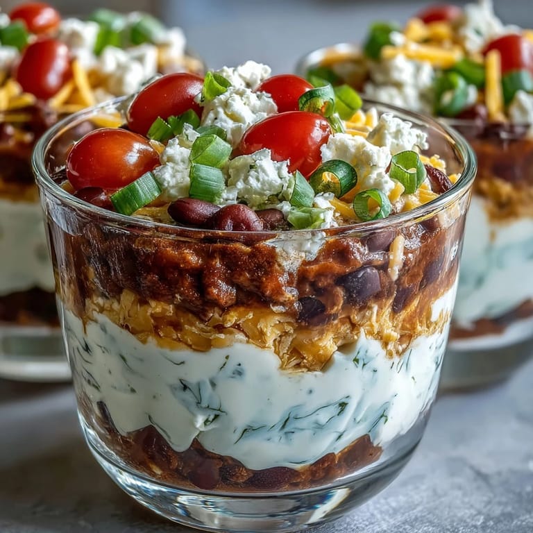 Individual Easy Taco Dip Cups showcase colorful layers of beans, zesty cream cheese mixture, shredded lettuce, and melted cheddar, perfect for party appetizers.