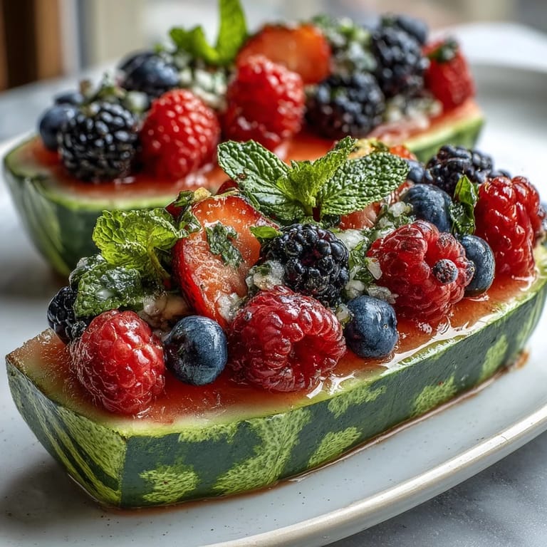 Elegant carved watermelon centerpiece overflowing with colorful berries and tropical fruit accents.