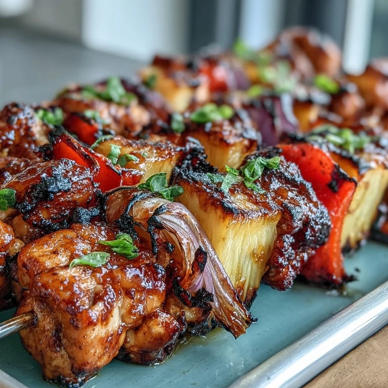 Colorful chicken and pineapple skewers sizzle on the grill, creating a tropical barbecue favorite.