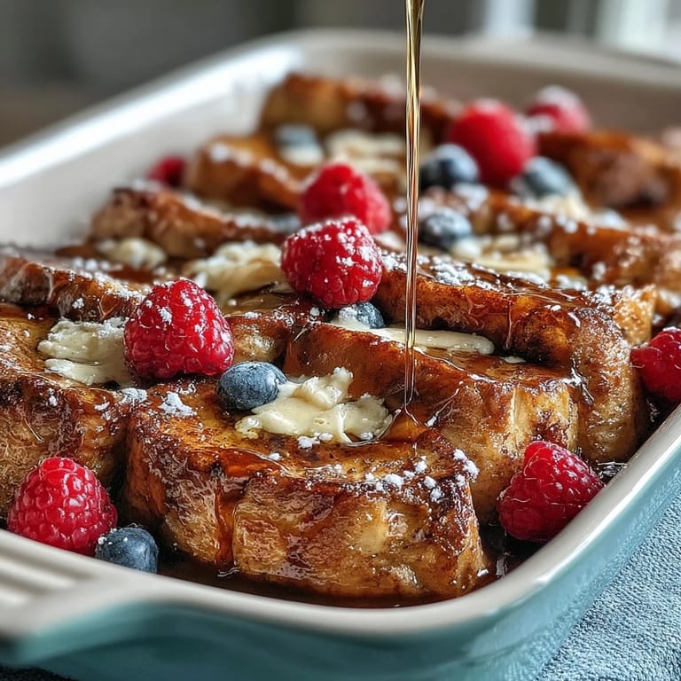 Fluffy pancakes baked with juicy mixed berries and a vanilla-scented custard, creating a comforting and colorful breakfast casserole.  