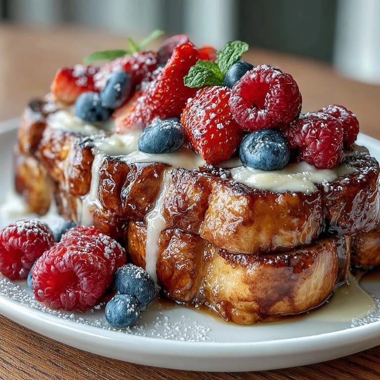 An inviting slice of pancake casserole, topped with powdered sugar and berries, served with maple syrup for a delightful Mothers Day treat.