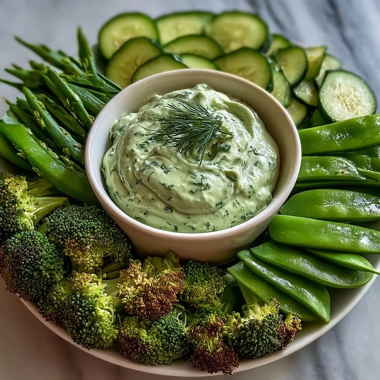 Vibrant vegetable platter featuring crisp cucumber, snap peas, and a smooth avocado ranch dip for easy snacking.