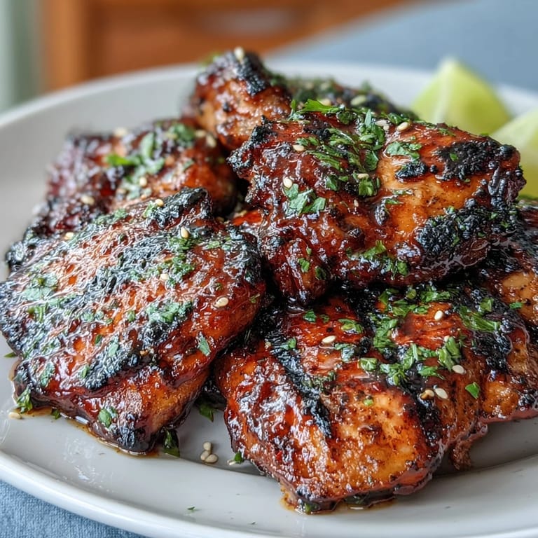 3. Tender grilled chicken thighs dripping with a glossy honey sriracha glaze, perfect for cookouts and backyard gatherings.