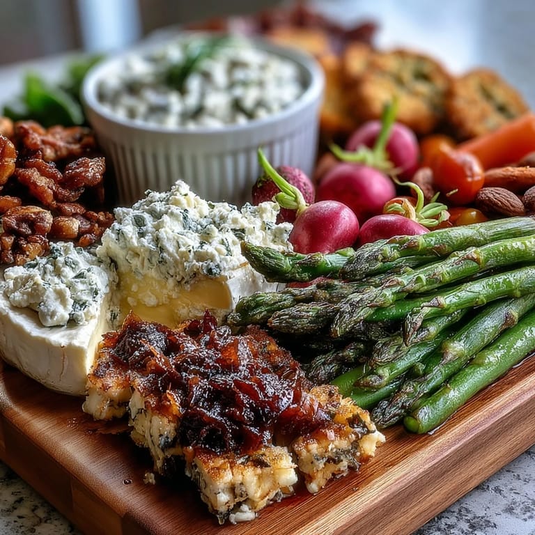 Seasonal charcuterie board with radishes, peas, and creamy herb dip, ideal for spring gatherings.