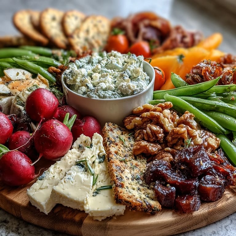 Vibrant charcuterie board featuring radishes, sugar snap peas, and herb dip, perfect for light entertaining.  