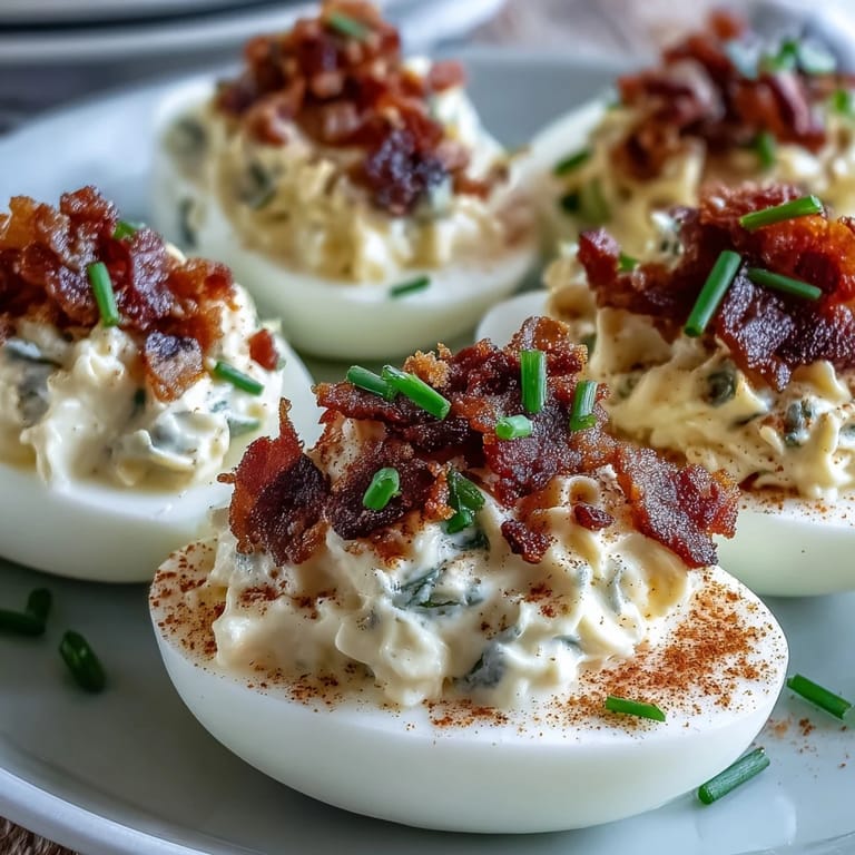 Creamy Bacon Ranch Deviled Eggs, each half topped with crumbled bacon and chives, offering a savory twist on a classic appetizer.