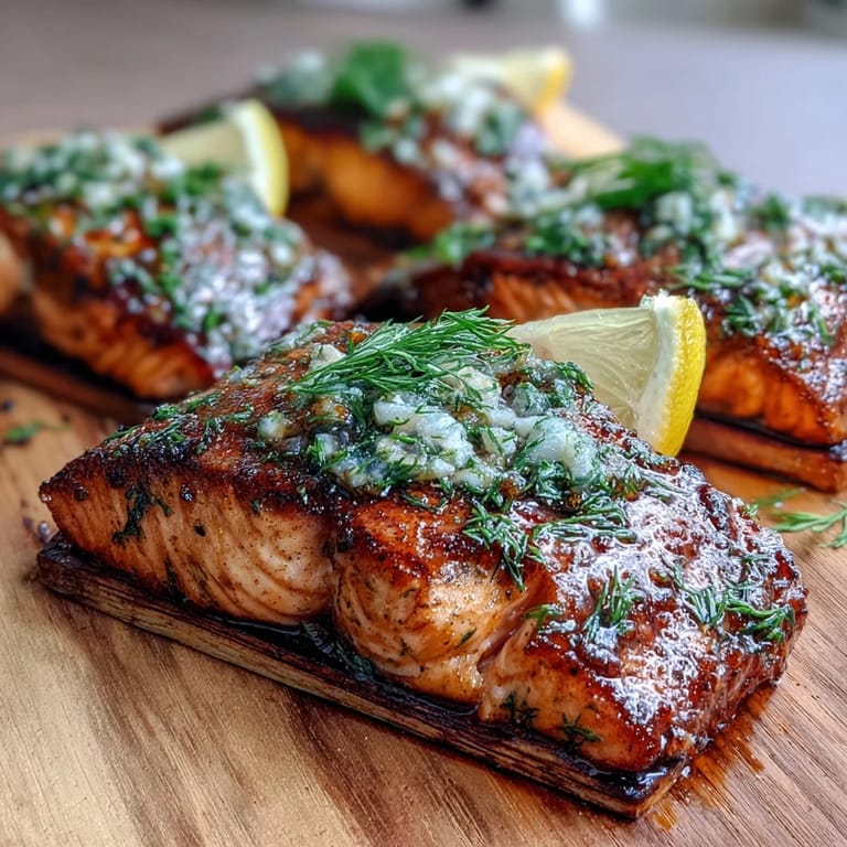 Aromatic cedar plank salmon with garlic and dill, topped with lemon slices, served hot off the grill for a flavorful main dish.