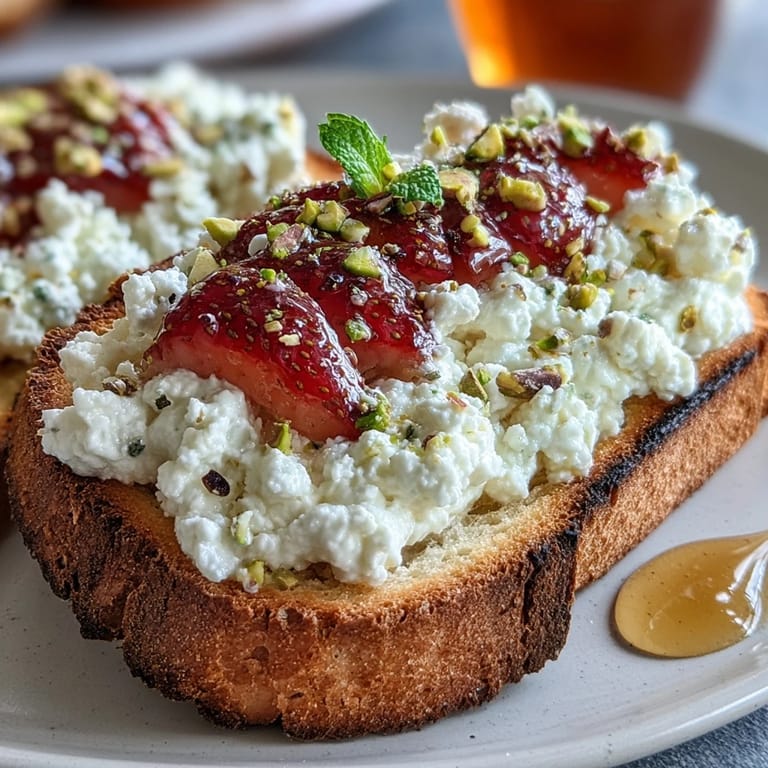 Vibrant breakfast toast featuring juicy strawberries, lemon zest, and pistachios on ricotta-slathered golden bread, finished with honey.