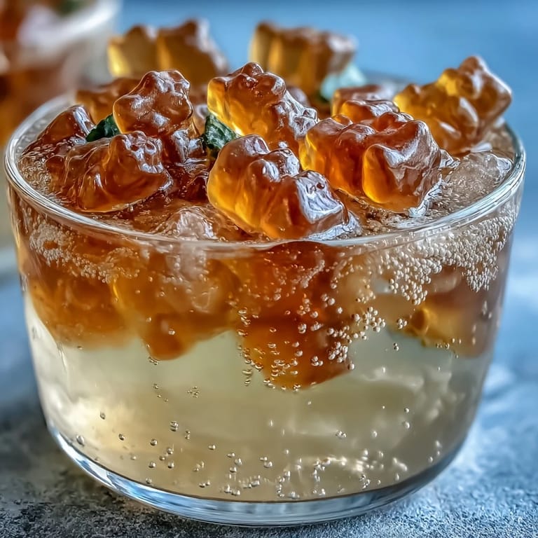 Chilled gummy bear lemonade jelly cups with rainbow candies set in homemade lemon gelatin, offering a nostalgic twist on classic party treats for any celebration.