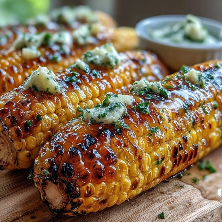 Memorial Day grilled corn featuring herbed butter varieties, served hot with fresh parsley and basil.  