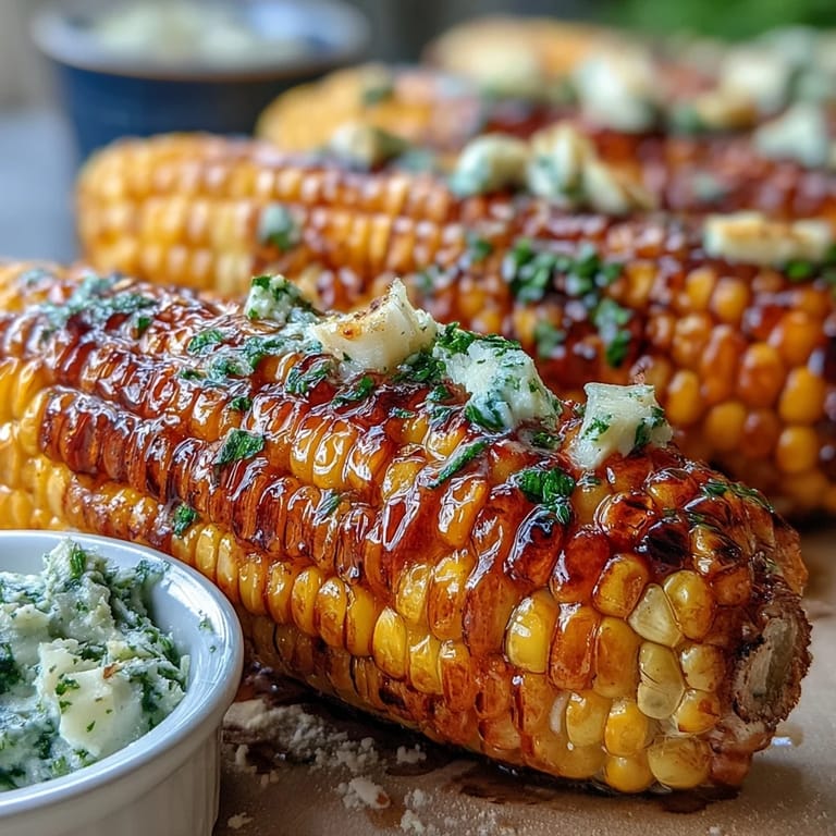 Charred sweet corn with savory herbed butters, a festive side dish for summer celebrations.