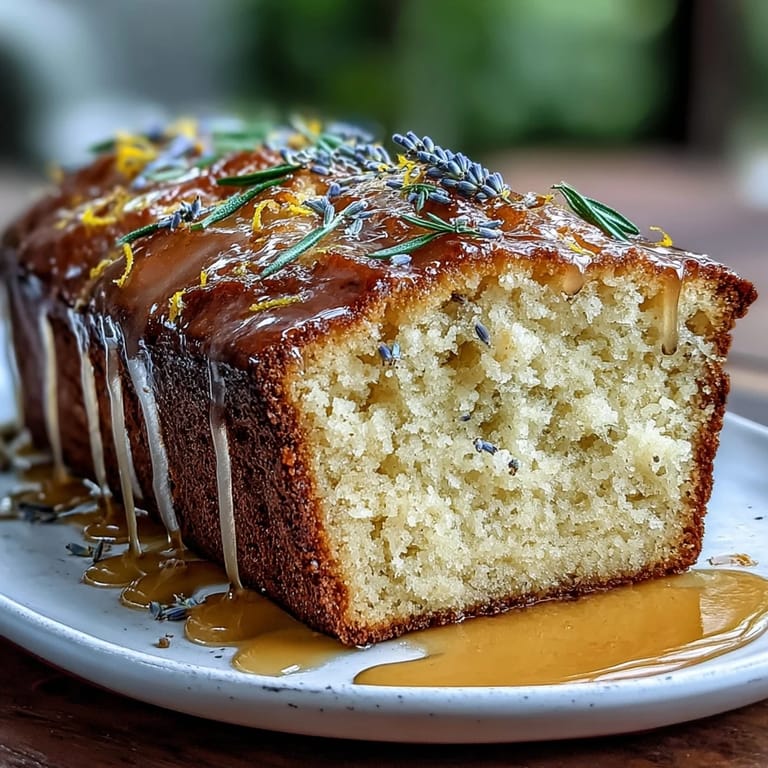 Moist lemon lavender cake infused with floral notes, drizzled with sweet honey glaze.  