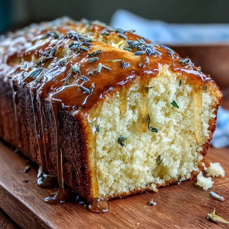 Elegant lemon lavender loaf cake with honey glaze, perfect for afternoon tea or dessert.