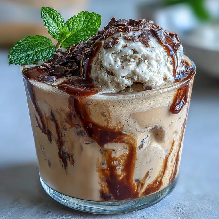 Refreshing summer dessert drink featuring smooth coconut cold brew coffee poured over ice and crowned with rich vanilla bean ice cream.  