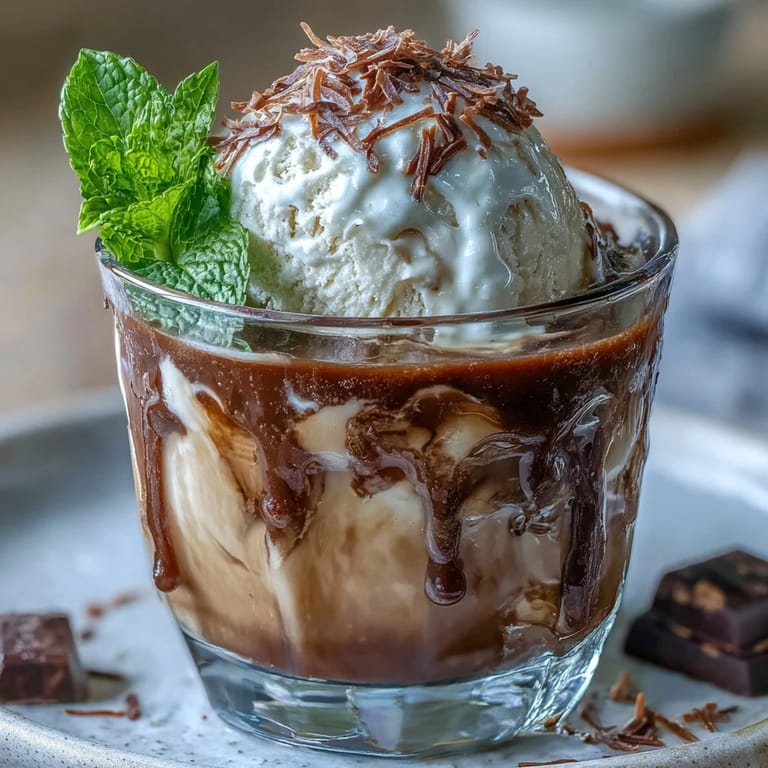 Tropical coconut cold brew float with luscious vanilla bean ice cream, garnished with shaved dark chocolate and fresh mint leaves.