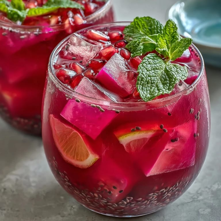 Beautifully garnished Dragon Fruit Lemonade with Chia Seeds for a healthy treat.