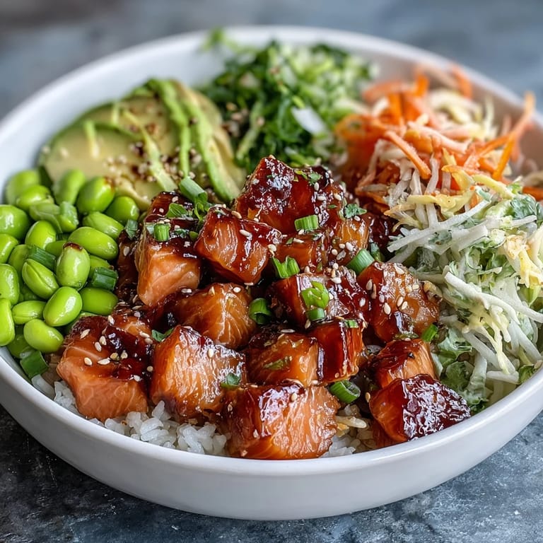 Deconstructed salmon poke bowl with colorful veggies and rice.