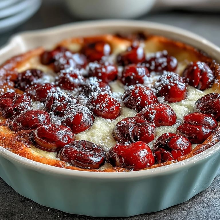 Elegant Fresh Cherry Clafoutis, dusted with sugar, ready for dessert.