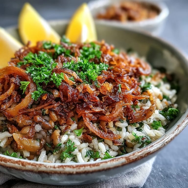 Savory Levantine Mujadara garnished with fresh parsley and lemon, showcasing crispy onions.