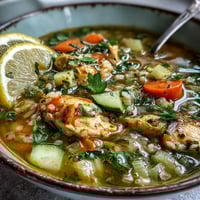 Golden Soothing Turmeric Chicken With Pearl Barley soup steaming in a rustic bowl, garnished with fresh parsley and a lemon wedge.