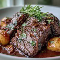 Golden-brown beef pot roast sits in a Dutch oven surrounded by tender carrots, celery, and potatoes in rich gravy. 