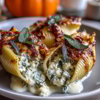 Golden baked Pumpkin & Gouda Stuffed Shells are bubbling with creamy filling and brown butter Alfredo in a white dish.