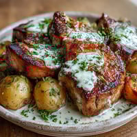 Golden brown ranch pork chops and tender vegetables in creamy sauce in slow cooker garnished with fresh parsley.