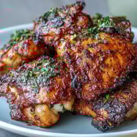 Close-up of Crispy Baked Bone-In Chicken Thighs with golden crackling skin on a wire rack.