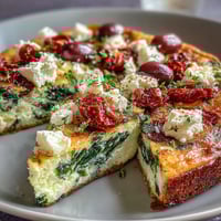 A golden, fluffy spinach and feta frittata with sun-dried tomatoes, perfect for a hearty brunch or light dinner.