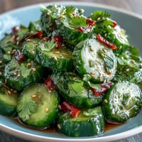 Crisp Asian cucumber salad with sesame and rice vinegar, featuring tangy dressing and fresh herbs, perfect for light appetizers or sides.