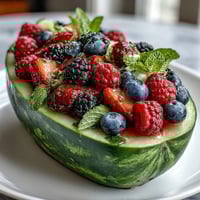 Vibrant watermelon carving board filled with fresh berries and mint, perfect for summer parties.