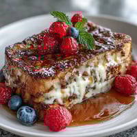 A warm, golden pancake casserole layered with fresh berries and creamy custard, perfect for a festive Mothers Day brunch.  