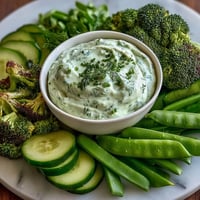 Fresh green snack board with cucumber, snap peas, and creamy avocado ranch dip for healthy entertaining.