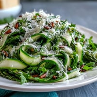 Shaved asparagus ribbons tossed with lemon and Parmesan in a bright Mediterranean salad.