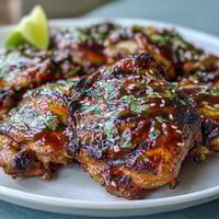 1. Honey Sriracha Grilled Chicken Thighs sizzling on the grill, glazed with a sticky, sweet, and spicy marinade for bold summer flavor.