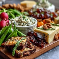 Fresh spring charcuterie board with radishes, peas, and herb dip, arranged for a colorful appetizer spread.  