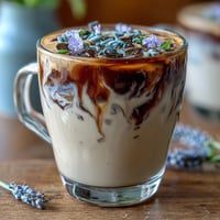 A creamy, floral lavender oat milk latte with a delicate purple hue, served in a clear glass mug with a sprinkle of dried lavender buds.