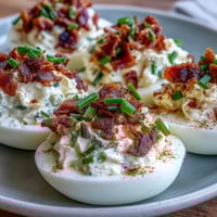 Bacon Ranch Deviled Eggs with crispy bacon and creamy ranch filling, garnished with fresh chives and paprika, perfect for Easter brunch or holiday parties.
