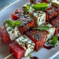 Juicy watermelon cubes and creamy feta cheese on mint-speared skewers, drizzled with olive oil and balsamic glaze.