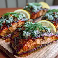 Cedar Plank Salmon with Garlic Dill sizzling on smoky cedar, infused with fresh herbs and zesty lemon, perfect for summer grilling.