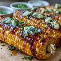 Grilled corn on the cob with four herbed butters, charred and golden for Memorial Day cookouts.  