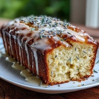 A golden lemon lavender loaf cake topped with glossy honey glaze and fresh zest.  